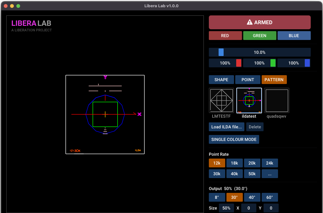 Libera Lab interface showing live laser preview, controller list, and output controls